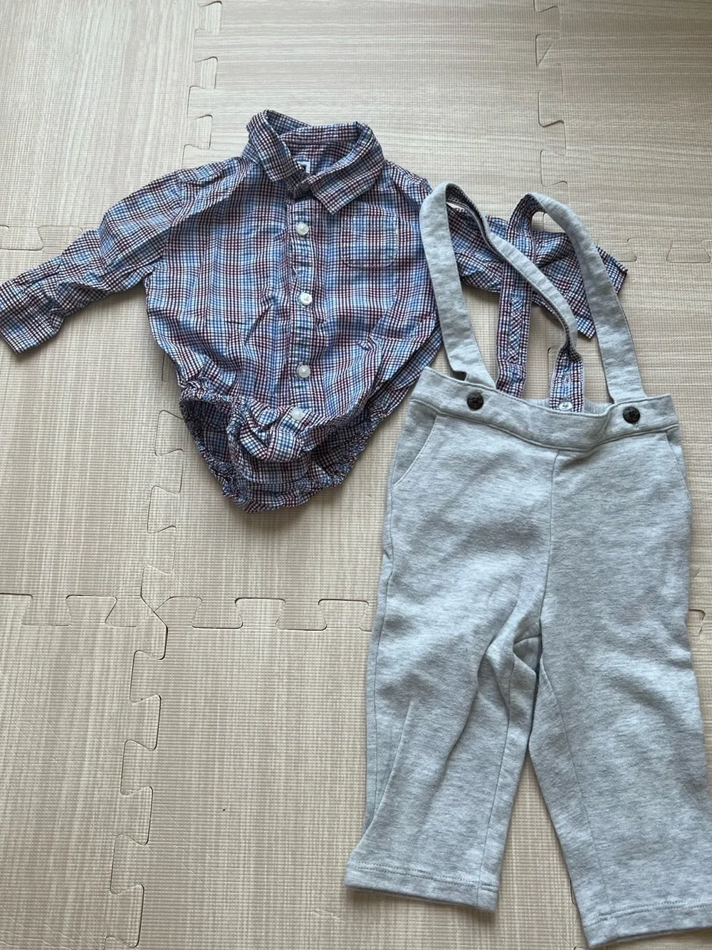 Janie and Jack Plaid Bodysuit with Light Gray Suspender Pants 3-6 months